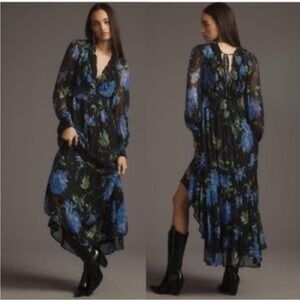 Maeve Black Maxi Dress with Blue & Green Floral Print NWOT